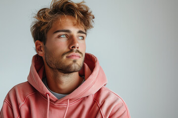 Fototapeta premium A thoughtful young man with light brown hair and beard, dressed in a pink hoodie, gazes off into the distance.