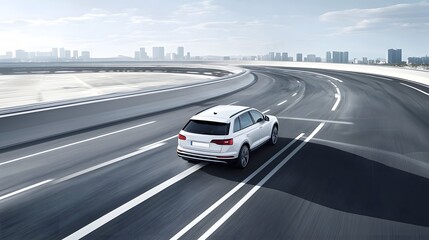 Automated sedan navigating a busy city highway with advanced radar based collision prevention technology activated to ensure safe and efficient transportation