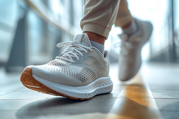 Close-up of a man's foot wearing stylish white athletic shoes on a modern indoor pathway.