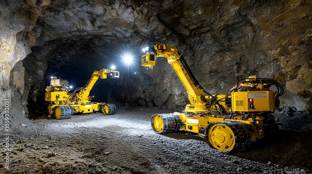 Fototapete Autonomous robots equipped with radar technology exploring and mapping an underground mining tunnel during a geological survey and resource extraction