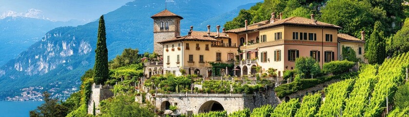 Fototapeta premium A beautiful grand villa overlooking a scenic lake and mountain landscape