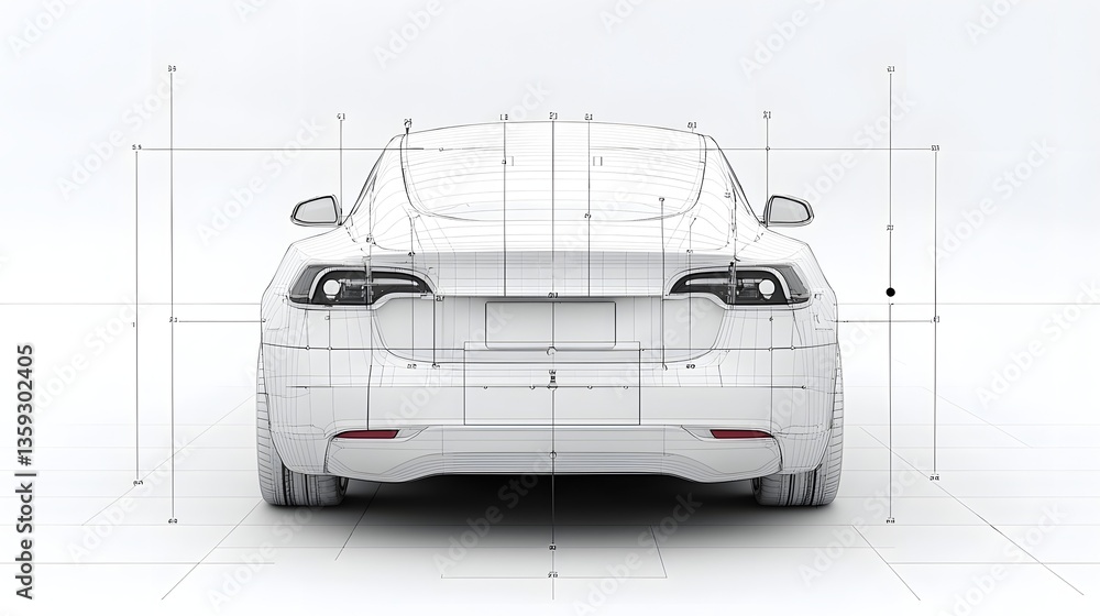 Poster detailed 3d wireframe model of an innovative electric car showcasing the strategic placement of inte