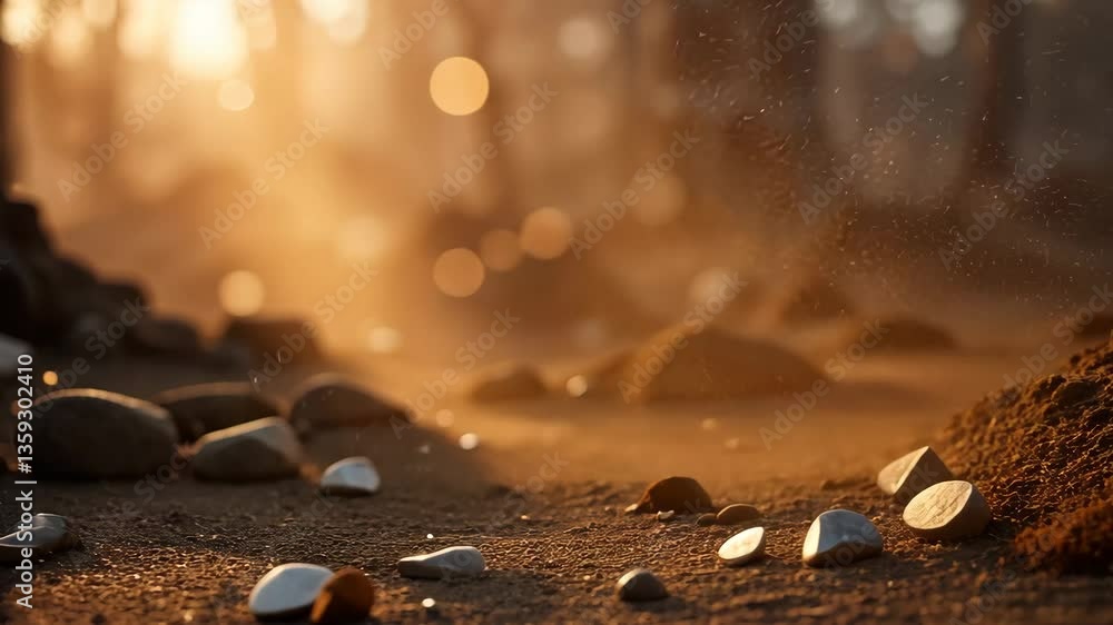 Poster low angle view of earth with rocks and bokeh in a warm lit forest