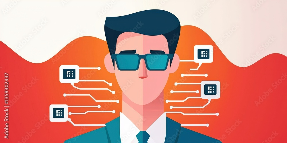 Poster cyber security awareness firewall infographic concept. digital illustration of a man with glasses an