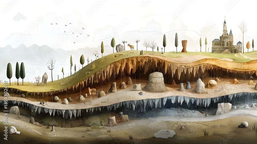 Poster Detailed cross section showcasing the diverse rock formations and geological layers that make up the Earth s subsurface structure