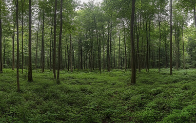Obraz premium Lush forest landscape with dense green undergrowth and tall trees reaching for the sky