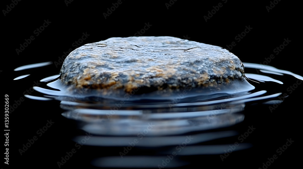 Poster serene stone: a tranquil image of a stone floating on water creating ripples on the surface, surroun