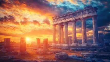 Fototapeta premium An ancient temple and pillars stand under a dramatic sunset
