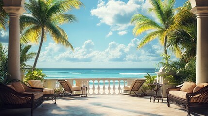 Fototapeta premium Spacious seaside patio, elegant furniture with soft cushions, pristine beach stretching to turquoise ocean, palm trees framing the view