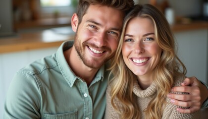 A happy couple, a woman with long blonde hair and a man with short brown hair, smile brightly while embracing each other in a cozy kitchen setting. Their genuine expressions radiate love and happiness