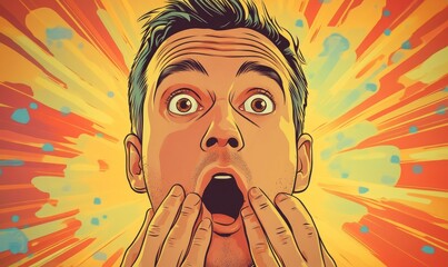 A shocked man with short hair and light beard stubble holds his mouth in surprise. The lively background is filled with bright colors and comic book elements for a humorous effect