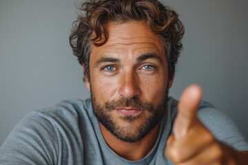 Obraz premium A confident Caucasian man with curly hair gives a thumbs up, exuding positivity and approachability.