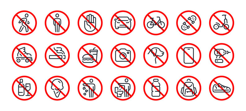 Prohibited and forbidden editable stroke outline icons set isolated on white background flat vector illustration. Pixel perfect. 64 x 64.