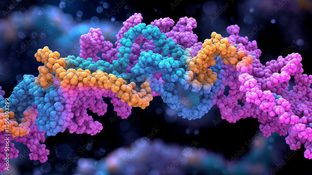 Poster dna helix 3d illustration. mutations under microscope. decoding genome. virtual modeling of chemical