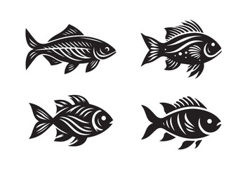 Fish black silhouette logo icon isolated on white background, clip art bundle