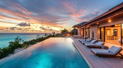 Obraz premium Stunning beach house at sunset, sleek terrace with infinity pool mirroring golden light, turquoise ocean backdrop, cinematic wide-angle framing serene beauty. 