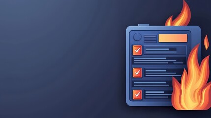 Cyber security Awareness firewall infographic concept. Digital checklist with flames, illustrating urgency or crisis.