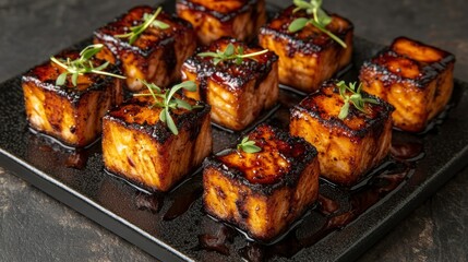 Appetizing, glazed cubes of  fish, garnished with herbs