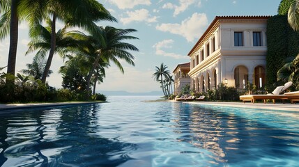 Obraz premium Stunning beachfront estate, large pool bordered by palms and greenery, mansion glowing in natural light, sea stretching to the horizon 