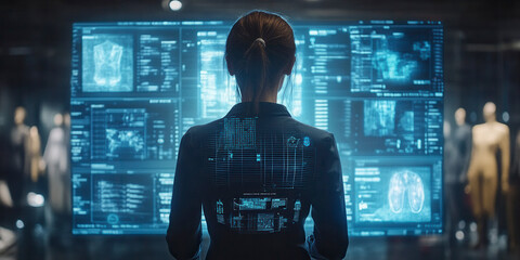 Analyzing data trends high-tech office digital interface modern workspace front view innovation and insights