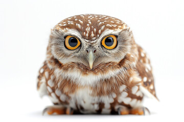 Fototapeta premium A close-up of a charming brown and white spotted owl with striking yellow eyes, showcasing its detailed feathers.