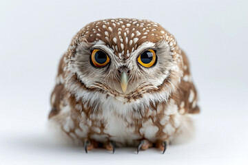 Fototapeta premium A close-up of a cute, brown-spotted owl with striking yellow eyes, showcasing its adorable features and fluffy feathers.