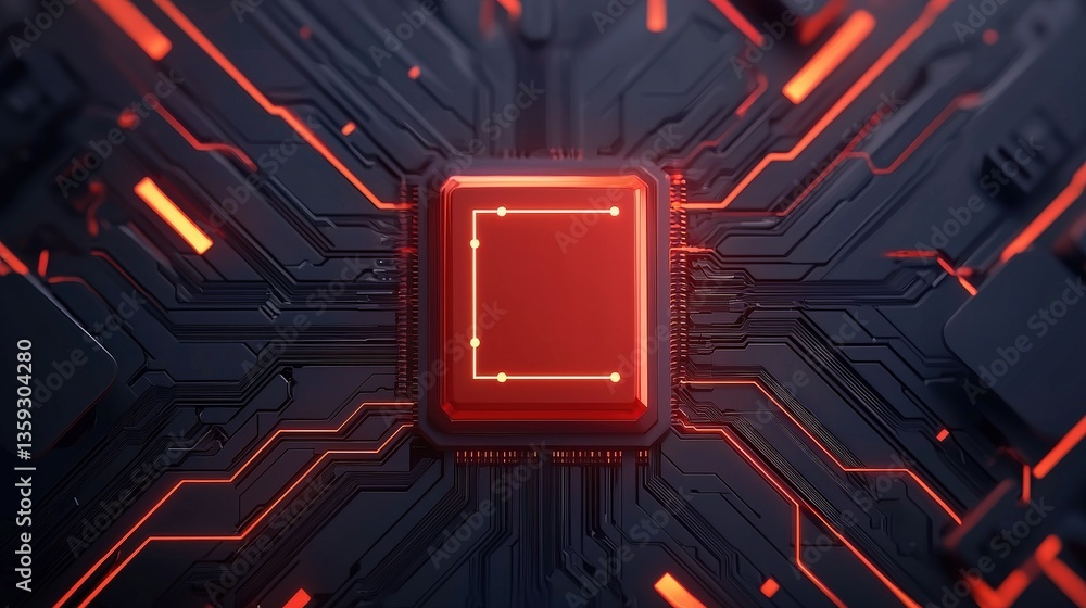 Poster cyber security awareness firewall infographic concept. red microchip on a circuit board with intrica