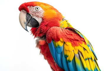 A vibrant scarlet macaw exhibiting striking red, yellow, and blue feathers against a clean white background.