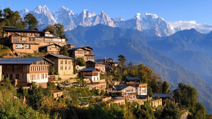 Obraz premium Scenic hillside village with traditional homes and mountain views