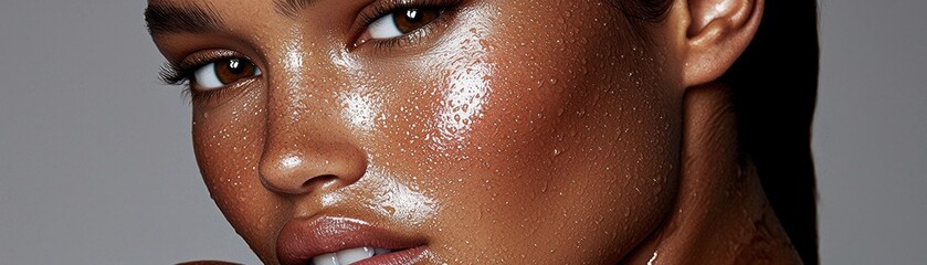 Fototapeta premium A close up portrait of a woman with dewy skin