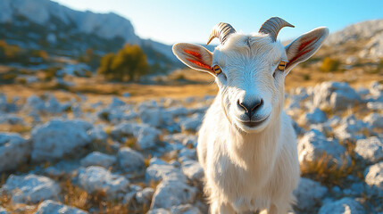 Obraz premium a close-up shot of a goat with long horns looking directly at the camera,