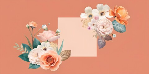 Vibrant floral arrangement in soft pastel hues against a warm coral backdrop showcasing delicate blossoms in full bloom business card, planner, diary, opening, letter wallpaper AI collage 