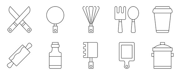 Obraz premium Icons Minimalist Outline of Common Kitchen Tools, Utensils, and Cookware on White Background