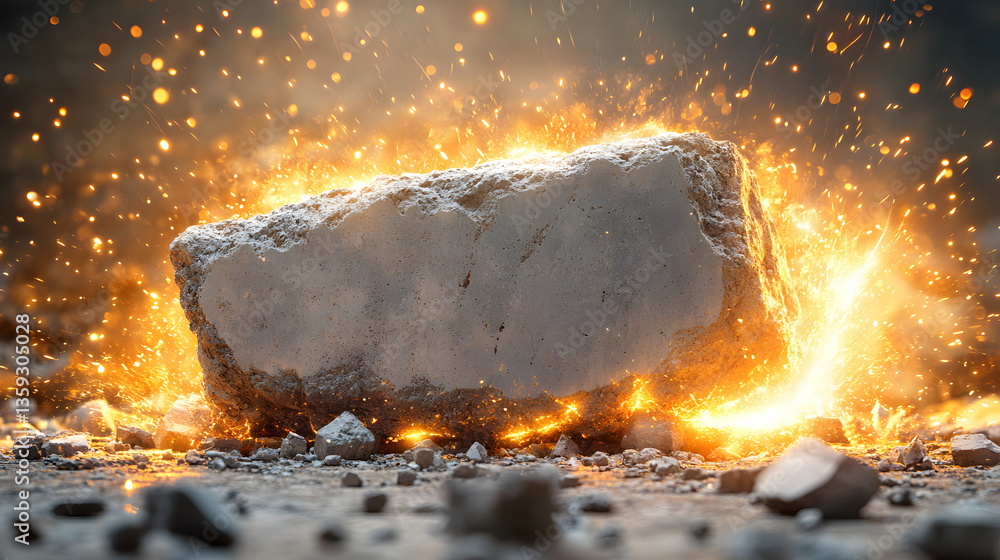 Poster stone unveiled: a close-up shot of a weathered stone being struck with fire or energy, illuminating 