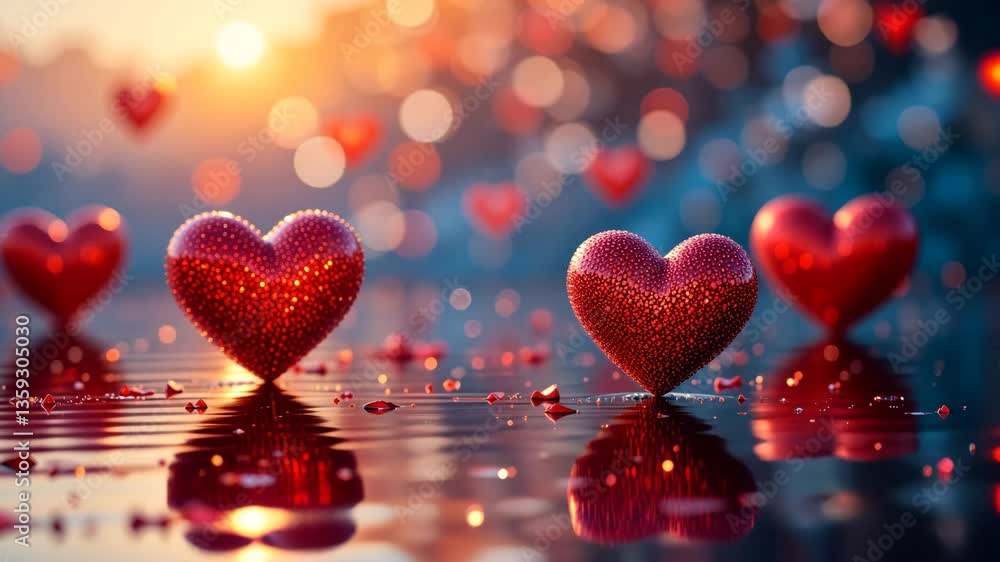 Aufkleber red heart shapes floating on water surface with glittering bokeh background
