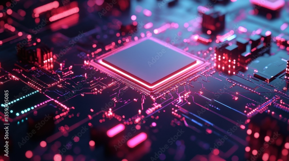 Aufkleber this image showcases a futuristic circuit board adorned with vibrant neon lights and a microchip at 