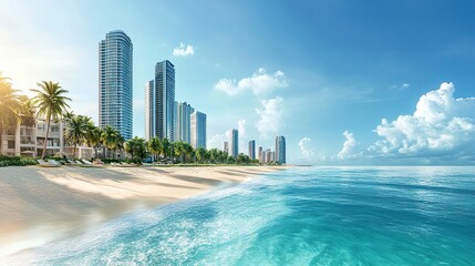 Obraz premium Stunning high-rise luxury buildings soaring above a pristine beach, turquoise waves gently lapping the shore, palm trees swaying in the warm breeze, midday sunlight illuminating the scene. 