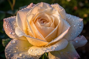 A dewdrop-covered Peace Rose in the early morning, symbolizing freshness and hope