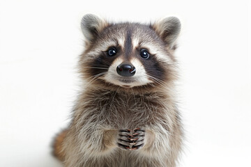 Obraz premium Adorable raccoon with fluffy fur and expressive eyes, clasping its paws together in a cute and playful pose.