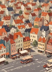 A vibrant, colorful depiction of an urban scene, featuring a mix of modern and vintage buildings with vibrant rooftops and streetscape elements.