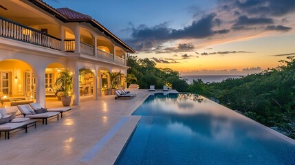 Obraz premium Stunning luxury villa with infinity pool spilling into the ocean horizon, open-concept design, warm golden hour tones 