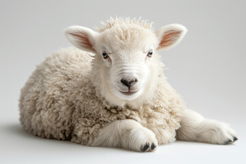 Obraz premium A cute, fluffy lamb lounges peacefully against a soft, neutral backdrop, showcasing its endearing features and soft wool.