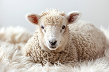 Adorable fluffy lamb relaxing on a soft white fur backdrop, showcasing its gentle nature and soft wool.