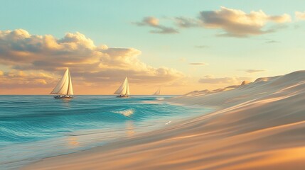 Obraz premium Stunning tropical beach with soft dunes and a turquoise sea, white sails dotting the ocean under pastel skies, warm light highlighting the serene beauty 