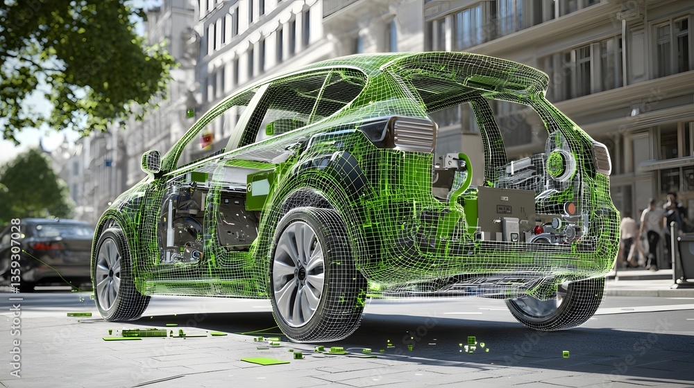 Leinwandbilder A concept electric vehicle with a transparent wire frame design showcasing advanced sensor technology and intelligent systems for real time navigation and decision making in an urban environment