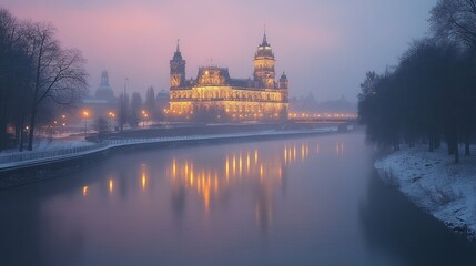 Fototapeta premium Dresden's City Hall at Dawn: A Winter's Reflection