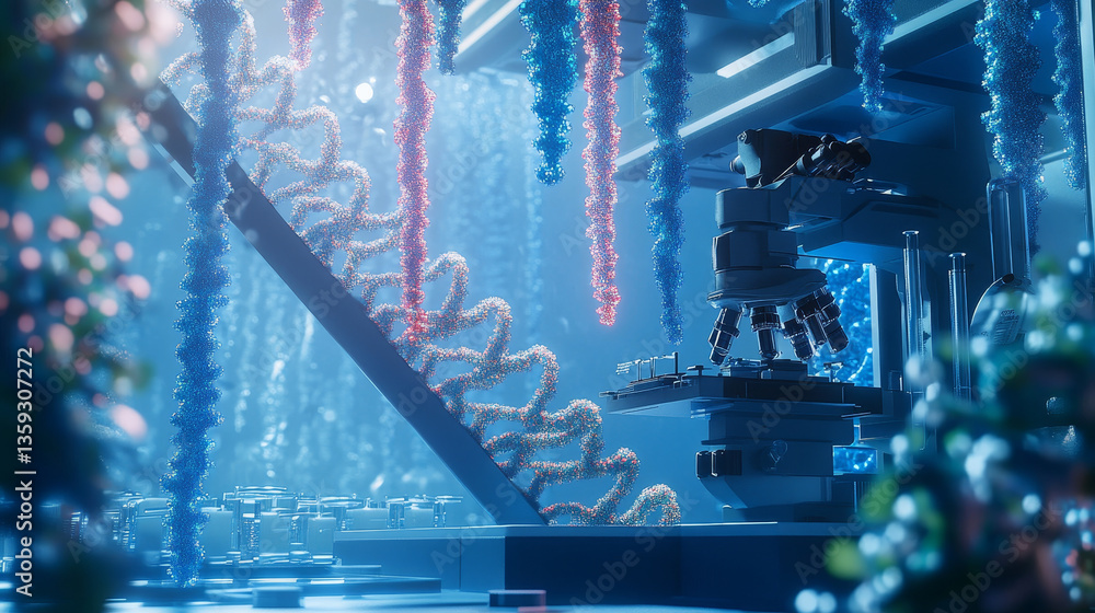 Poster dna helix 3d illustration. mutations under microscope. decoding genome. virtual modeling of chemical