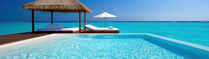 Fototapeta premium A luxurious waterfront resort pool with cabana and lounging area