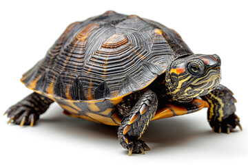 Obraz premium A vibrant turtle with intricate shell patterns, showcasing its beautiful colors and features against a clean, white background.