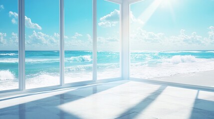 Fototapeta premium Stylish beach house with expansive windows, white sandy beach leading to crashing waves, ocean breeze and vibrant blue water, warm sunlight creating a serene ambiance. 
